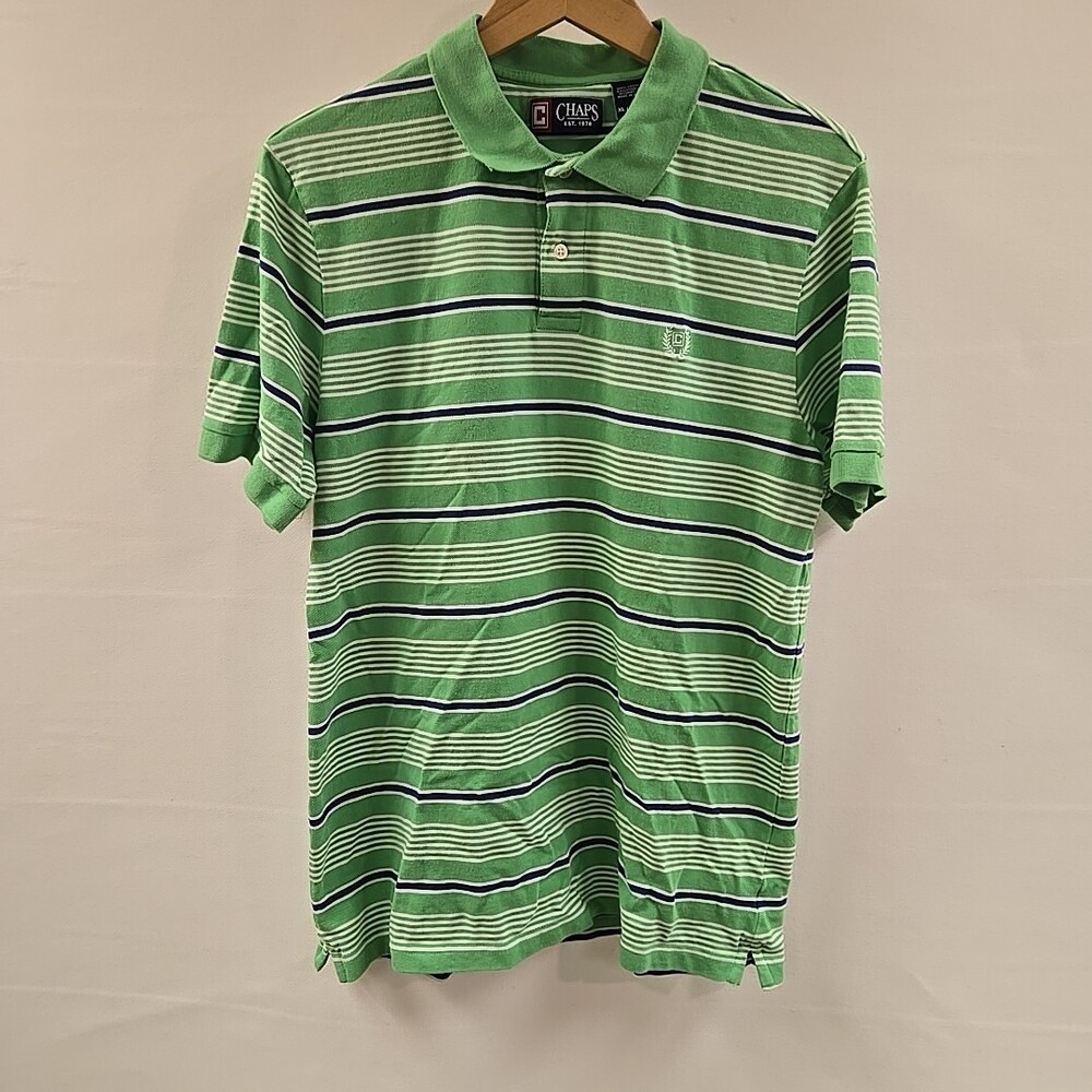 CHAPS Ralph Lauren Polo Shirt Mens XL Green Blue White Striped Knit Short Sleeve